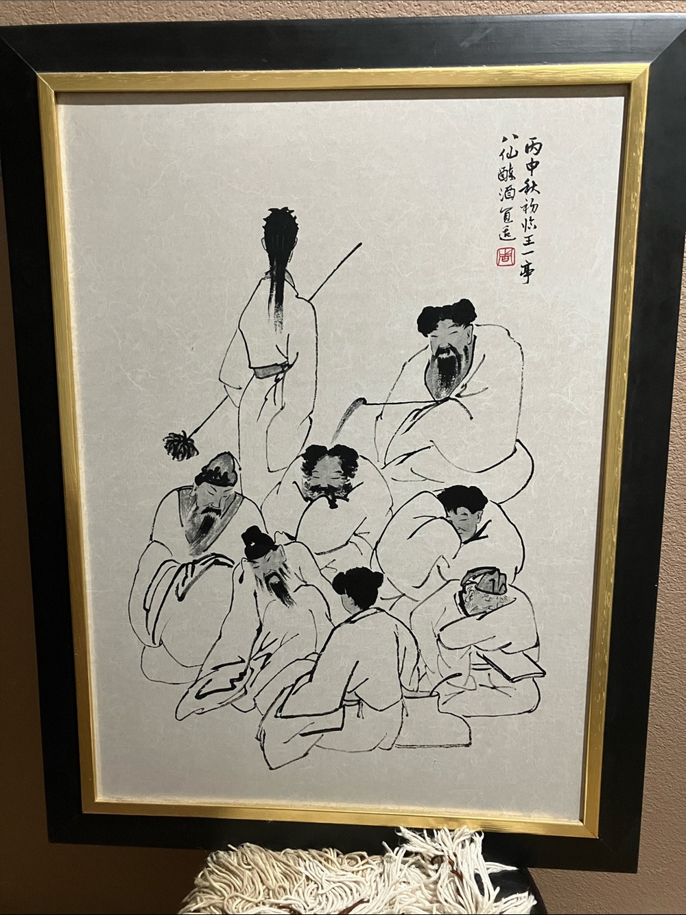 Framed Asian Ink Brush Art “Eight Drunken Immortals” signed hand painting old